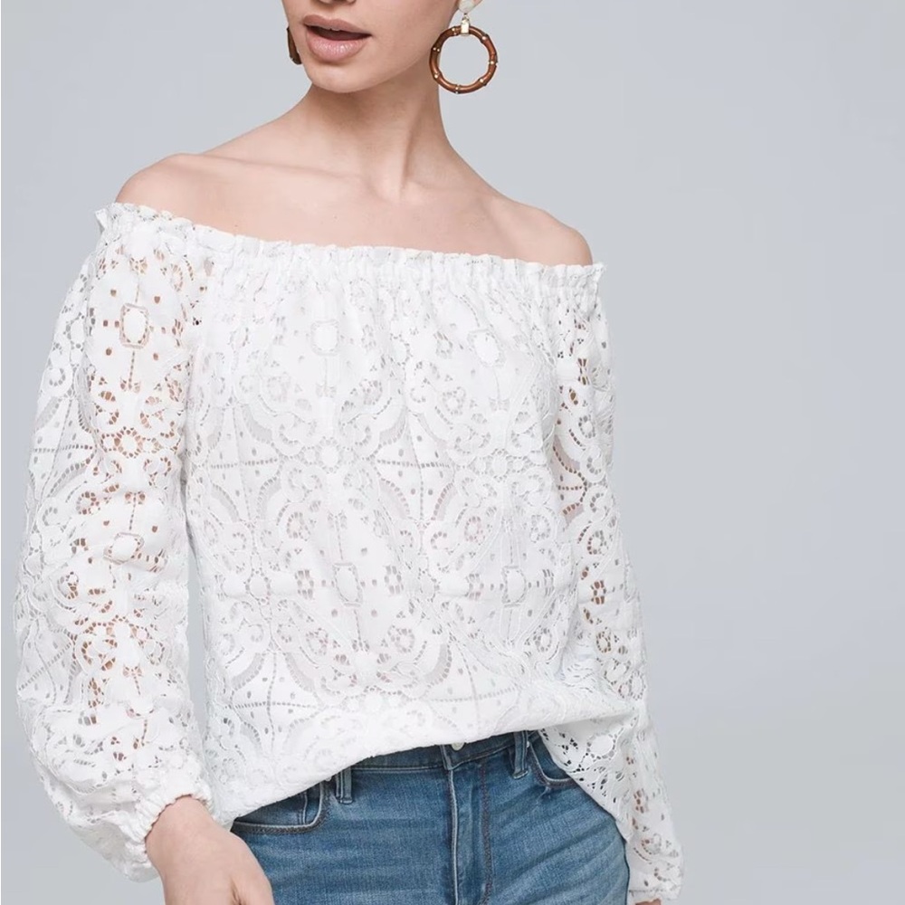 White House Black Market White Lace Off Shoulder Blouse size XXS